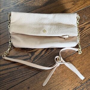 Tory Burch Fold-Over Pebbled Leather Crossbody in Blush Pink with Gold Chain